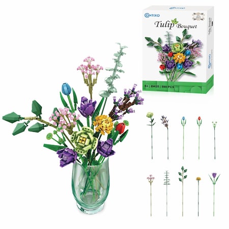 Contixo Tulip Bouquet Floral Collection Building Block Set, 999-Piece Set BK05